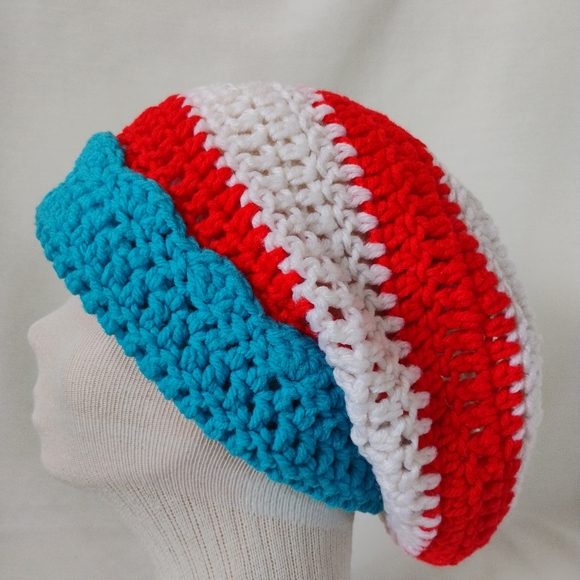 Striped Crochet Lighthouse Beanie Vibrant Red White & Blue Handmade Winter Hat - Picture 2 of 8